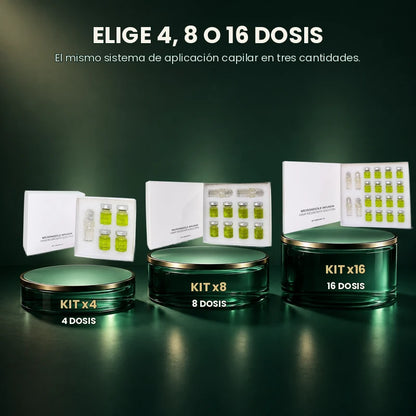 Presentaciones físicas del Kit Capilar Pleyer con 4, 8 o 16 dosis