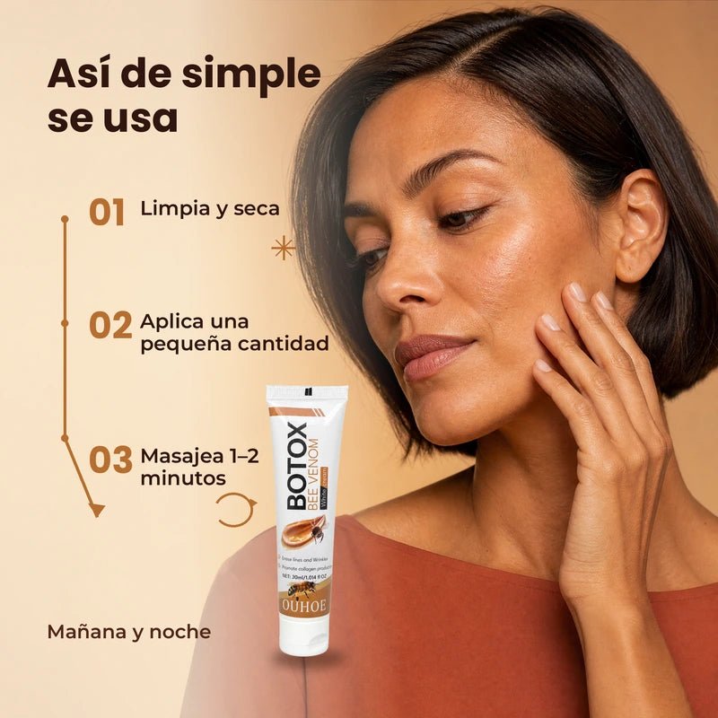 Modo de uso de Botox Bee Venom: limpia y seca, aplica una pequeña cantidad y masajea uno a dos minutos, mañana y noche