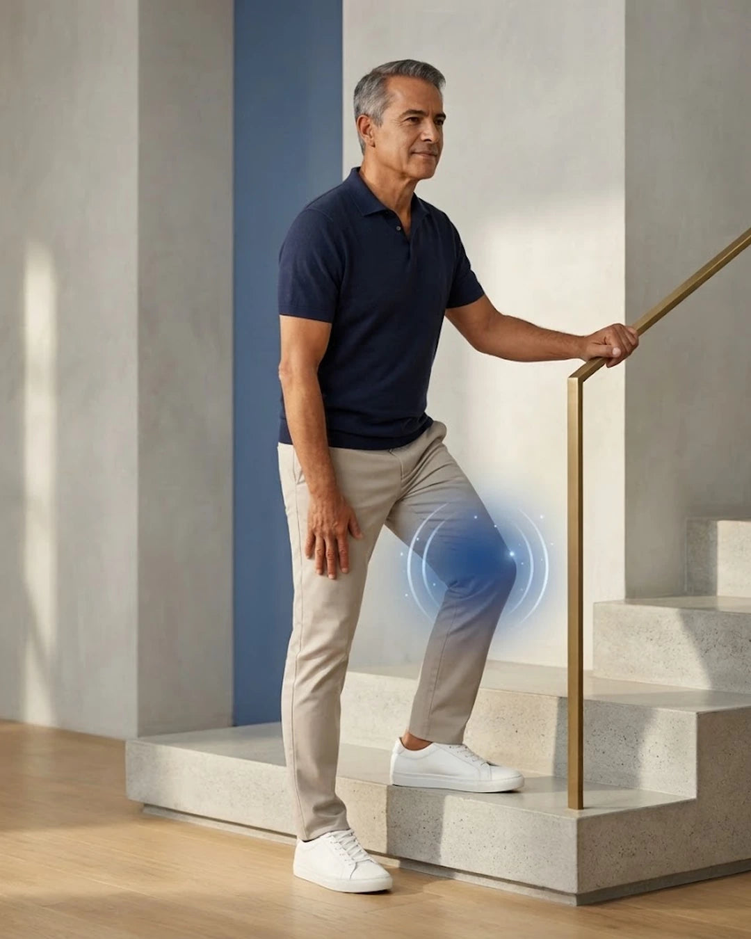 El mismo hombre en movimiento con la rodilla representada mediante un énfasis visual azul