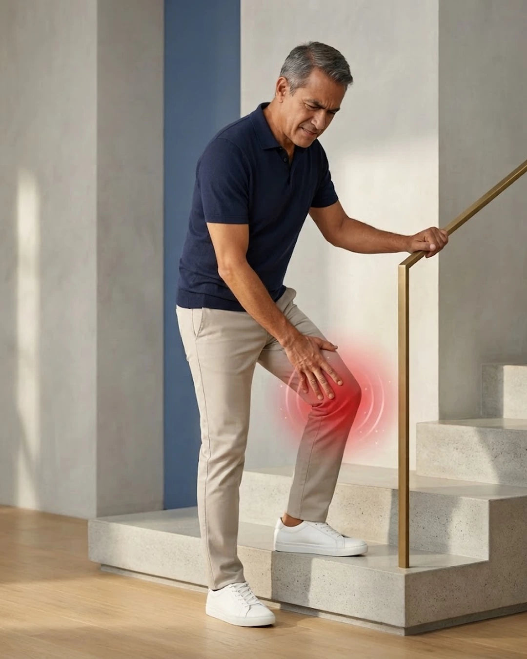 Hombre adulto con molestia localizada en la rodilla representada con un énfasis visual rojo